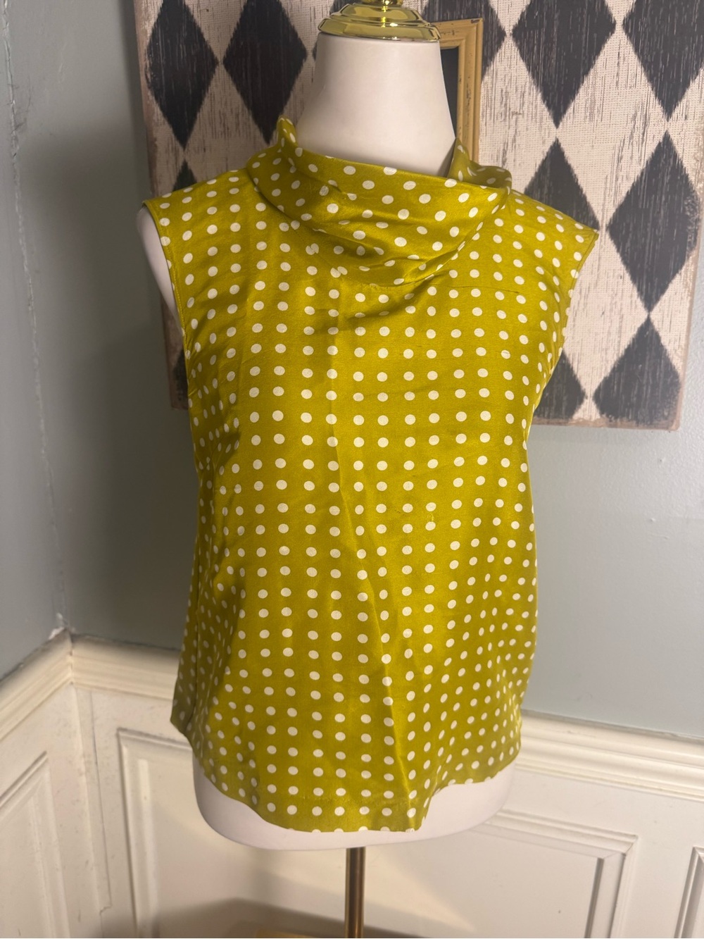 Vintage J.Crew 2008 100% Silk Polka Dot Tie Neck Blouse Chartreuse Size 0